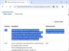 「Microsoft Edge 153」に問題、一部Webアプリの操作中にウィンドウが固まる／回避策は「Edge 152」へのロールバック。Microsoftが調査中