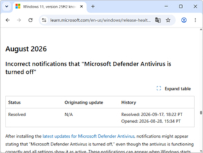 「Microsoft Defender」ウイルス対策が無効、とする誤通知が解消 ～9月17日の更新で修正／マルウェア対策クライアント「4.18.26080.4」へ更新すればOK