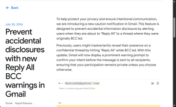 「Gmail」に誤送信防止の新機能 ～BCCで受信したメールの［全員に返信］で警告を表示／自分が参加していることやメアドを他の受信者に知られる事故を防げるように