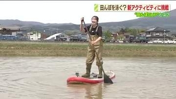 サーフボードで田んぼを泳ぐ！？田植えまでの期間限定「田んぼSUP」　コメどころ大玉村で新人アナが挑戦