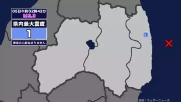 【地震】福島県内で震度1 福島県沖を震源とする最大震度1の地震が発生 津波の心配なし