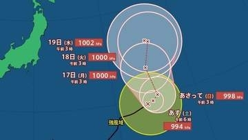 【台風情報】台風17号（ナンカー）南鳥島近海で990hPa、最大瞬間風速30ｍ　時速30キロで東北東へ…16日に日本のはるか東に進む見込み《気象庁の雨風シミュレーションと週間予報》