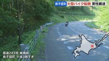 北海道・美幌峠のカーブで大型バイク転倒　運転の30歳男性搬送　左腕骨折か　三笠市でもオートバイ転倒し男性軽傷