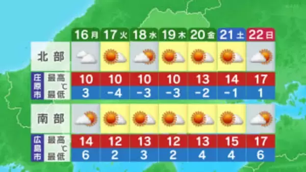 2月16日（月）の広島県の天気（15日午後6時時点）