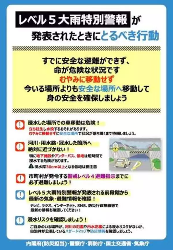 「レベル5 大雨特別警報」が発表されたらどうすればいい？ 気象庁が呼びかける絶対にやってはいけない行動