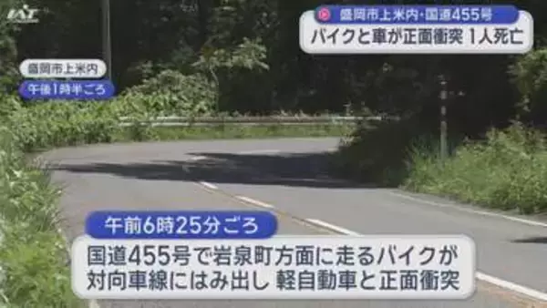 国道でバイクと軽自動車が正面衝突　１人死亡【岩手・盛岡市】