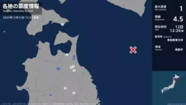 【速報】北海道、青森県、岩手県で最大震度1の地震　北海道・函館市、青森県・野辺地町、五戸町、青森南部町　12:29時点