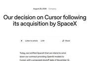 OpenAI、Cursorへのモデル提供を終了　理由は「SpaceXによる買収」