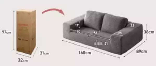 宅配便で届く大型ソファ「圧縮梱包ソファ」　タンスのゲン
