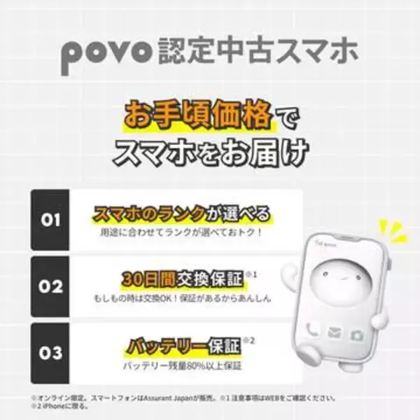 povo、認定中古スマホ販売開始 バッテリー8割保証