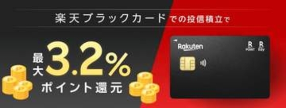 楽天証券、楽天ブラックカード投信積立で最大3.2%還元(カード年400万以上で)