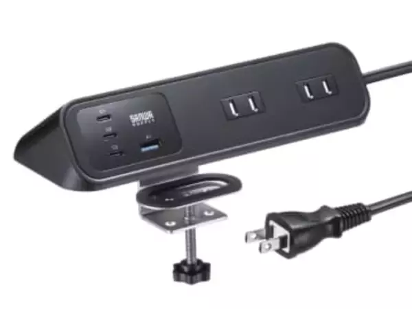 AC×4に最大65WのUSBポートも備えるクランプ式電源タップ「TAP-B114UC-2」、サンワサプライが発売