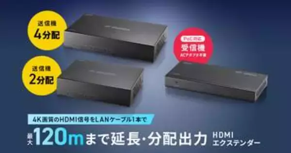 4K映像をLANケーブルで最大120m延長、2/4分配もできるHDMIエクステンダー、サンワサプライが発売