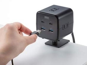 クランプ固定式で全7ポート、4方向に向きを変えられる電源タップをサンワサプライが発売　USBポートは最大65W。取り外して持ち出すのも簡単