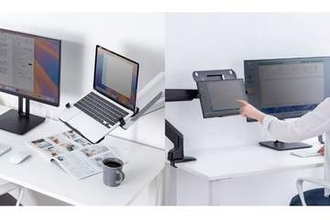 モニターアームにノートPCを設置できる17インチまで対応のトレイ、サンワサプライが発売