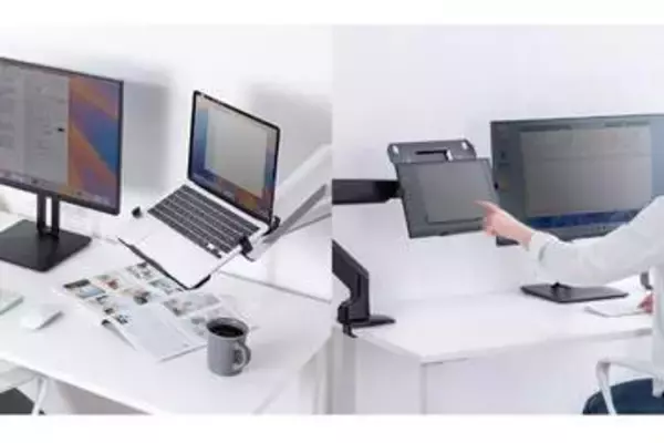 モニターアームにノートPCを設置できる17インチまで対応のトレイ、サンワサプライが発売