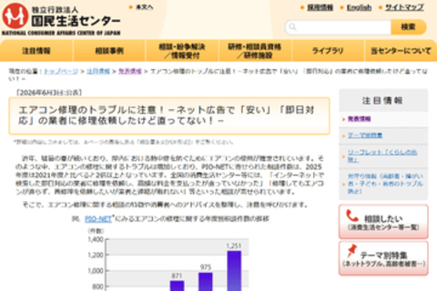 ネット広告で「安い」「即日対応」などとうたうエアコン修理業者とのトラブルに、国民生活センターが注意喚起
