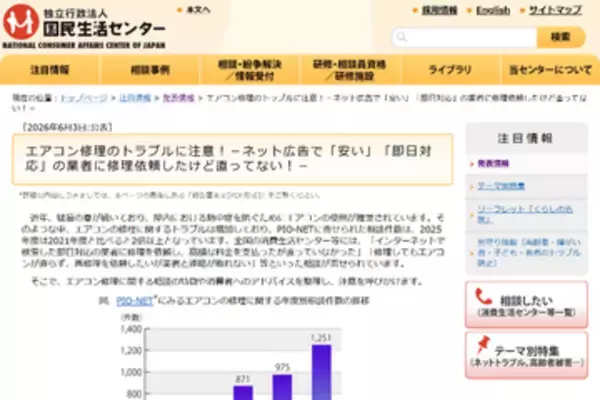 ネット広告で「安い」「即日対応」などとうたうエアコン修理業者とのトラブルに、国民生活センターが注意喚起
