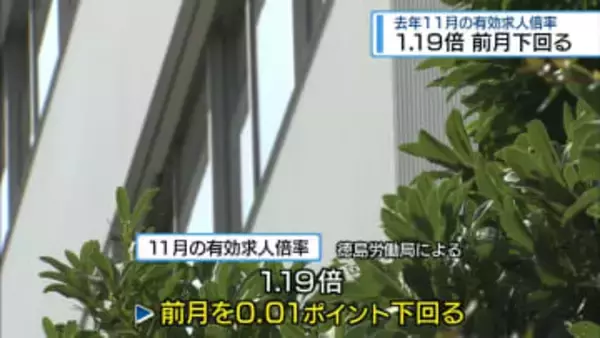 11月の有効求人倍率は1.19倍　前の月を0.01ポイント下回る【徳島】