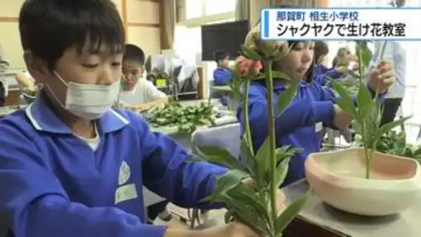シャクヤクで生け花教室　相生小学校【徳島】