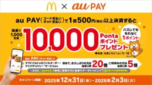「au PAY」、マクドナルドでの利用で「1万ポイント」や「povoのデータトッピング」が当たるキャンペーンを実施