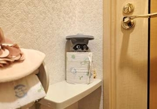 [本日の一品]トイレに住み着いたアライグマ、ペーパーの陰からこちらを見る