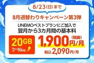 LINEMOで「3カ月間データ10GB増量」、対象プラン加入でデータ購入費を全額割引