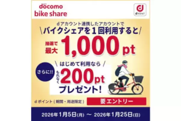 ドコモのバイクシェアで最大1000ポイント当たる、25日まで