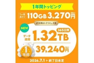 povo2.0、月110GBで3270円の1年間トッピングを追加