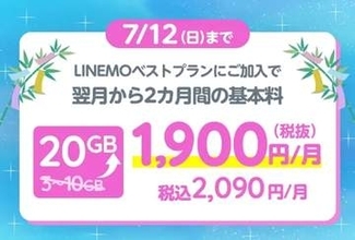 LINEMO5周年大週穫祭、7月第1弾は「2カ月間データ10GB増量」