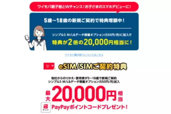 ワイモバイルがオンラインでのSIMのみ契約で最大2万円還元、U18は新規契約でも2万円還元