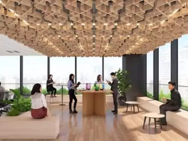 システム天井の照明に国産木材のルーバー　パナソニックと三菱地所コラボ