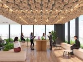 システム天井の照明に国産木材のルーバー　パナソニックと三菱地所コラボ