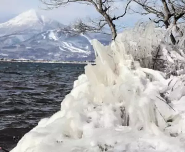 磐梯山望む氷の造形美　猪苗代湖の「しぶき氷」が、福島・猪苗代の天神浜で見頃