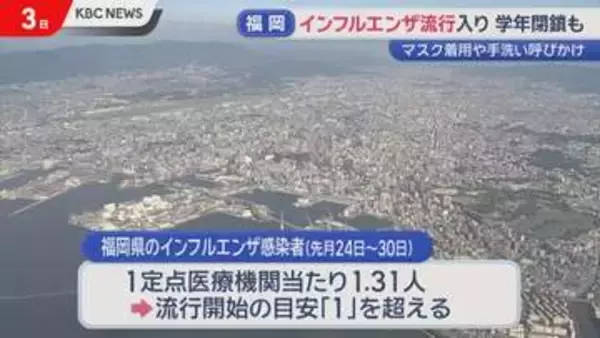福岡県でインフルエンザ流行　過去2年より2〜3週間早い学年閉鎖報告も