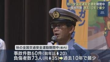 秋の全国交通安全運動期間中の事故発生件数・負傷者数が過去10年で最少