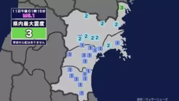 【地震】宮城県内で震度3 岩手県沿岸北部を震源とする最大震度4の地震が発生 津波の心配なし