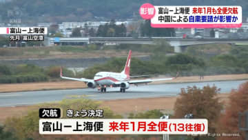 富山ー上海便　来年１月も全便欠航　中国政府の日本への渡航自粛要請が影響か