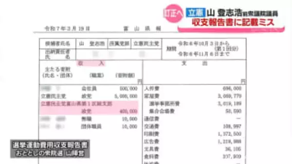 立憲前衆議院議員　山登志浩氏　収支報告書に記載ミス　訂正へ