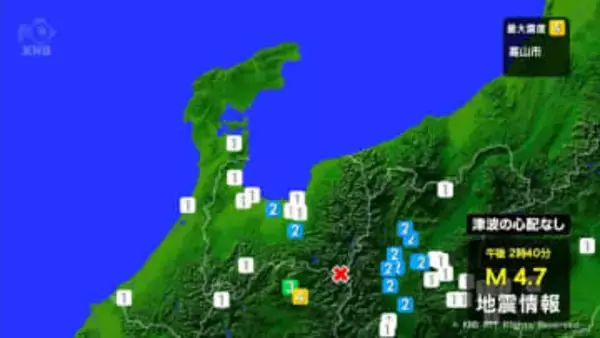 富山市・立山町などで震度２　富山県東部震源の地震相次ぐ