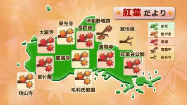 【山口天気 朝刊11/21】きょう21日(金)～土曜日～日曜日と絶好の紅葉狩り日和　寒暖差と空気乾燥には注意を　3連休最終日は天気下り坂