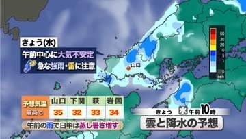 【山口天気 朝刊7/29】午前中は急な雷雨 午後は蒸し暑さに注意  あす30日(木)から日に日に気温上昇 週末は非常に危険な暑さに