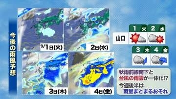 【山口天気 夕刊8/31】9月初日も夏の延長戦…猛暑と一部で夕立注意　しかし今週後半は熱帯低気圧と秋雨前線の動向により雨量まとまる心配も