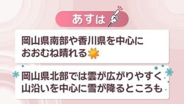 【天気予報】29日も岡山県南部や香川県を中心におおむね晴れる見込み