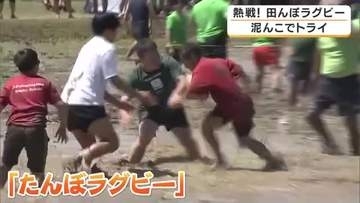 タックル禁止で子どもも大人も泥だらけ　田植え前の田んぼで「たんぼラグビー」　30度に迫る暑さのなか約150人参加　京都・福知山市