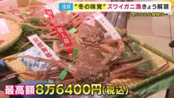 とれたてのお～きなカニがずらり　冬の味覚・ズワイガニ漁解禁！　阪神梅田本店の最高額8万6400円も完売！　カニ汁ふるまいサービスに舌つづみ