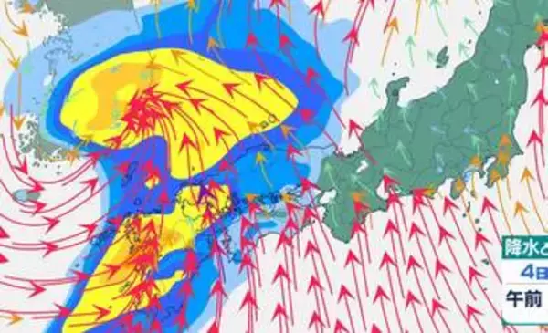 「【大雨情報】4日は「春の嵐」に⋯九州・四国・東海などで「警報級の大雨」のおそれ　5日は関東でも雨予想(4日から13日までの雨風シミュレーション)」の画像