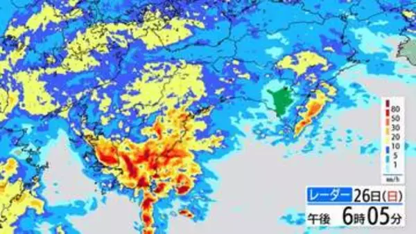 【大雨】高知県内で局地的に非常に激しい雨　1時間雨量は６つの観測地点で4月の観測史上最大に（26日午後9時半時点）