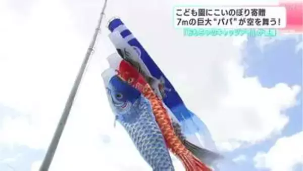 ７ｍの巨大“パパ”が空を舞う！　高知市の玩具店が認定こども園にこいのぼり寄贈