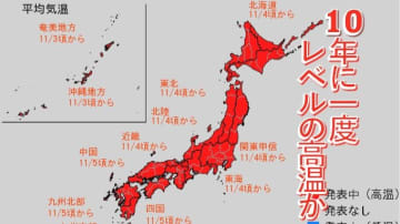 涼しくなってきたと思ったら今後は日本全域で「高温」予報　気象庁が11月3日から5日ごろは「10年に1度程度しか起きないような著しい高温」となる可能性があると発表【早期天候情報】